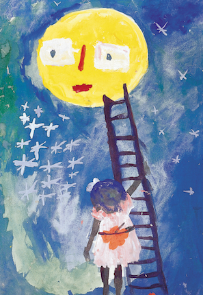 Maleri av jente som holder stige opp mot månen