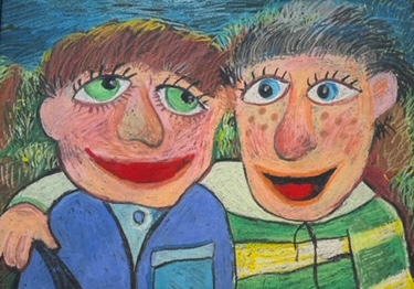 To barn som smiler. Tegning
